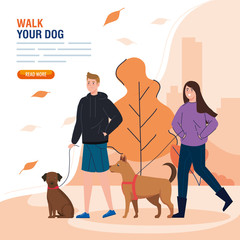 couple walking your dog in the park vector illustration design