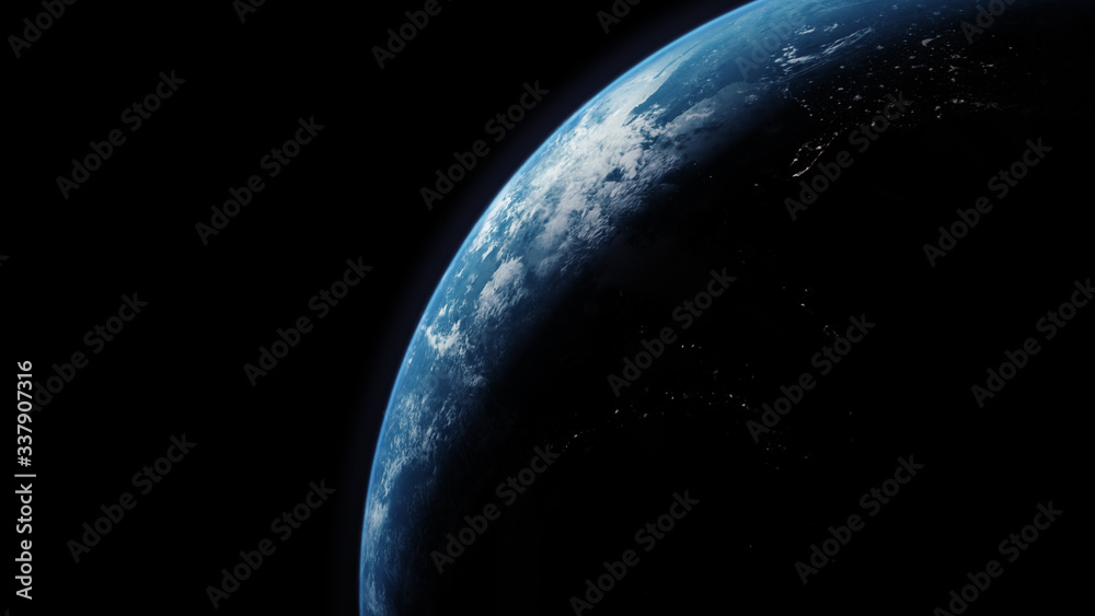 Poster a cinematic rendering of planet earth rise rotation moving from night side to the illuminated daylig