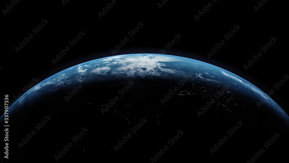 Poster a cinematic rendering of planet earth rise rotation moving from night side to the illuminated daylig
