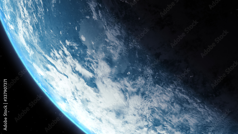 Poster a cinematic rendering of planet earth rise rotation moving from night side to the illuminated daylig