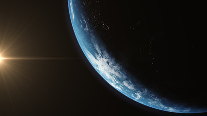 A cinematic rendering of planet Earth rise rotation moving from night side to the illuminated...