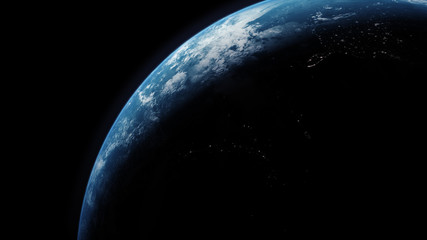 A cinematic rendering of planet Earth rise rotation moving from night side to the illuminated...