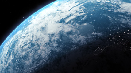A cinematic rendering of planet Earth rise rotation moving from night side to the illuminated daylight side with the sun rising on the planet's horizon
