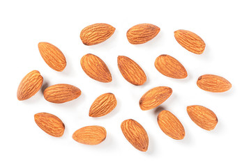  Close up ,Almonds isolated on white background .top view
