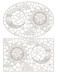 Set of outline illustrations of stained glass Windows with sun and moon on cloudy sky background, dark outlines on white background