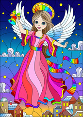 Obraz na płótnie Canvas Illustration in a stained glass style on a religious theme, an angel girl in a pink dress hovering over the night city