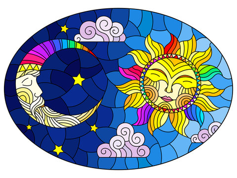 Illustration in stained glass style , abstract sun and moon in the sky, oval image