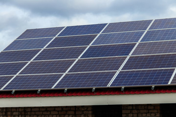 Naklejka premium Close-up of solar panels. Photovoltaic modules for innovation alternative energy