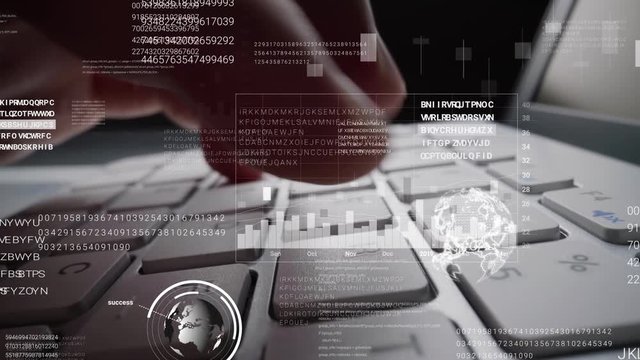 Man working on laptop computer keyboard with graphic user interface GUI hologram showing concepts of big data science technology, digital network connection and computer programming algorithm.
