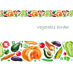 Watercolor illustration. A border of vegetables. Vegetables in the strip. Pumpkin, tomato, broccoli, cabbage, avocado, eggplant, carrots, cucumber, corn, peppers, peas, radishes.