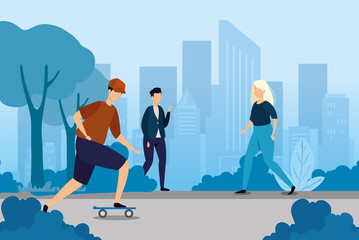 urban scene with people avatar characters vector illustration design
