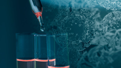 Lab analyzing and development vaccine for protection virus. Double exposure lab test sample vaccine with virus cell.