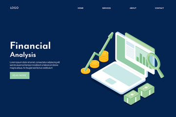 Isometric concept of business analysis, financial audit report, accounting and online investment management software application service concept.  3d style web banner template with text.