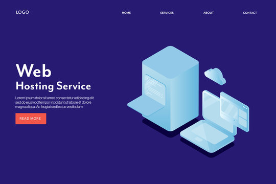 Web hosting service isometric concept. Cloud computing and internet connection, server data storage, shared and dedicated hosting technology. Web banner template.