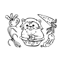 Coloring page. Raccoon washes vegetables in a bowl of water. Tomato, beets, onions, carrots, cucumber. Vector illustration.