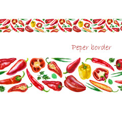 Watercolor illustration, border. Peppers of different types, bell pepper, chili pepper, red and yellow.