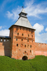 Spasskaya Tower close-up on a sunny July day. Detinets of Veliky Novgorod, Russia