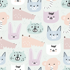 Childish seamless pattern with different animals. Creative childish texture for fabric, wrapping, textile, wallpaper, apparel. Vector illustration.