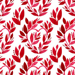 Seamless pattern red hearts with branch and leaves hand-drawn watercolor brushstroke isolated on white background creative naive art wrapping textile