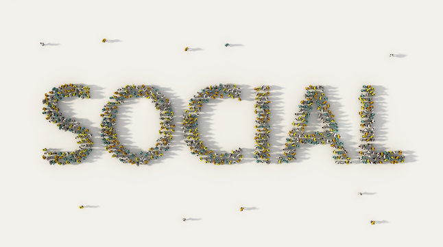 Large Group Of People Forming Social Lettering Text In Social Media And Community Concept On White Background. 3d Sign Of Crowd Illustration From Above Gathered Together