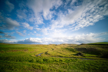 Panorama of a green landscape in Iceland