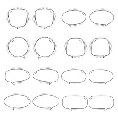 Retro empty comic bubbles and elements set with black halftone shadows on transparent background. Vector illustration, vintage design, pop art style.