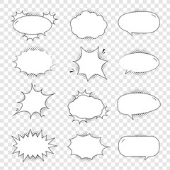 Retro empty comic bubbles and elements set with black halftone shadows on transparent background. Vector illustration, vintage design, pop art style.