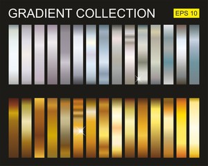 Collection of gradients of gold and silver metals. Set of golden and silver metalic gradients, Vector illustration