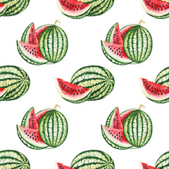 Seamless pattern of watermelons. Hand drawn watercolor Illustration on white background. - 337916996