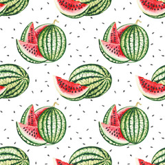 Seamless pattern of watermelons. Hand drawn watercolor Illustration on white background. - 337916999