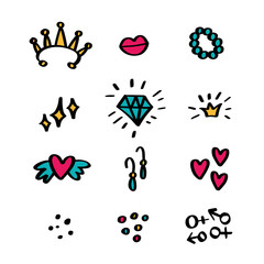 Girl or Lady stickers set lips, diamond, crown, mars and venus sign, earrings, bracelet, heart with wings, stars. Vector trendy illustration for notebook, textile, wallpaper, tshirt in doodle cartoon 