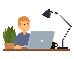 a young man working on a laptop at home, home office, work at home, freelance