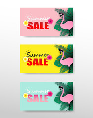 Summer sale background. Design with flamingo and tropical leaves on  colorful pastels. paper art style.  Design for template,banners,flyers,posters, brochure. Vector.