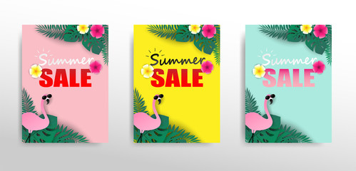 Fototapeta na wymiar Summer sale background. Design with flamingo and tropical leaves on colorful pastels. paper art style. Design for template,banners,flyers,posters, brochure. Vector.