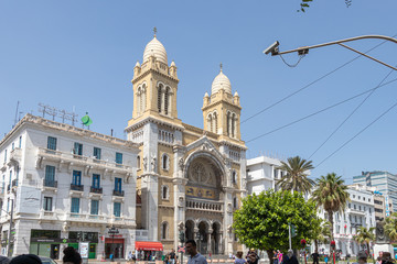 Fototapeta na wymiar TUNIS, TUNISIA - JULY 19, 2018: Roman Catholic church of Saint Vincent de Paul, Tunis, Tunisia