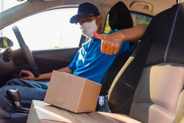 delivery man courier online with boxes with uniform sitting in driving car