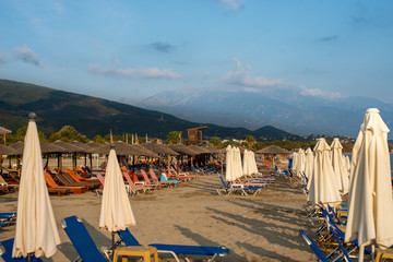 Neo poroi beach at sunrise. Mount Olympus on the horizon.
