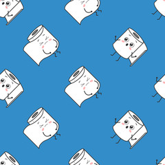 Seamless pattern with cute kawaii cartoon toilet paper rolls with faces. Vector illustration