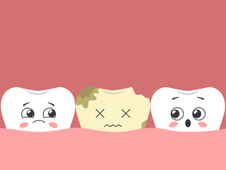Fototapeta premium Cartoon dead tooth among healthy. Hawaiian teeth. Vector illustration