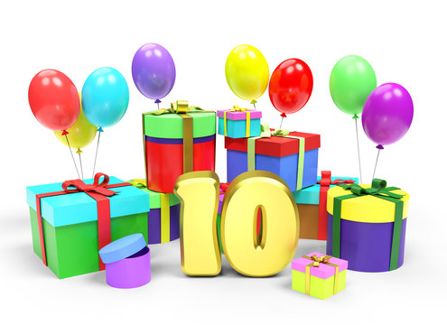Happy birthday or anniversary. Golden number Ten among a lot of bright multi colored gift boxes and festive balloons on white background. 3d rendered image