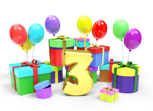 Happy birthday or anniversary. Golden number Three among a lot of bright multi colored gift boxes and festive balloons on white background. 3d rendered image