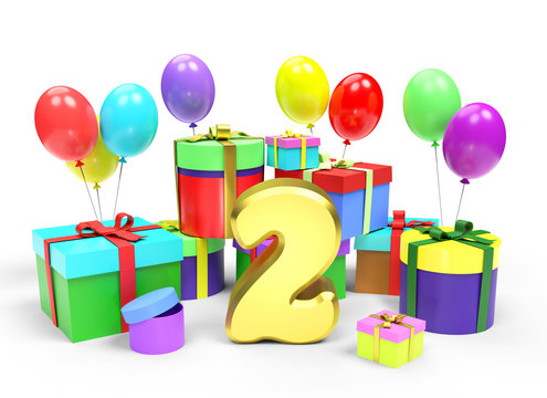 Happy birthday or anniversary. Golden number Two among a lot of bright multi colored gift boxes and festive balloons on white background. 3d rendered image