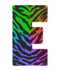 3D illustration Tiger black rainbow print letter E, animal skin fur decorative character E, Tiger 7 colors pattern isolate in white background has clipping path. Design font wildlife safari concept.