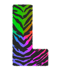 3D illustration Tiger black rainbow print letter L, animal skin fur decorative character L, Tiger 7 colors pattern isolate in white background has clipping path. Design font wildlife safari concept.