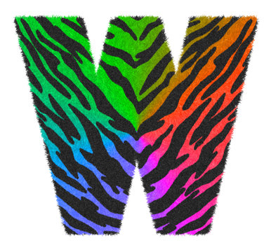 3D Illustration Tiger Black Rainbow Print Letter W, Animal Skin Fur Decorative Character W, Tiger 7 Colors Pattern Isolate In White Background Has Clipping Path. Design Font Wildlife Safari Concept.