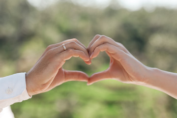 Male and female hands forming a heart shape, nature on background. Young couple show heart to you, jut married, honeymoon