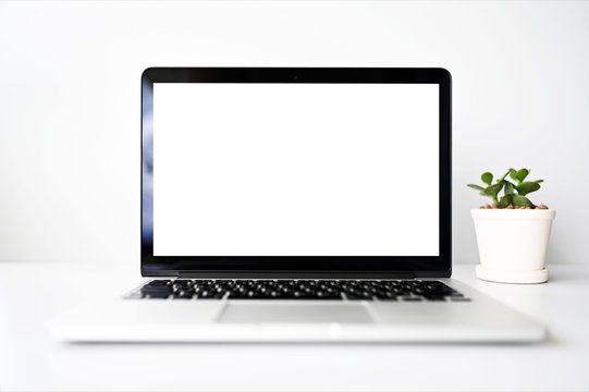 blank screen Modern laptop computer with mouse,Smart phone and Succulent on wood table in office view backgrounds