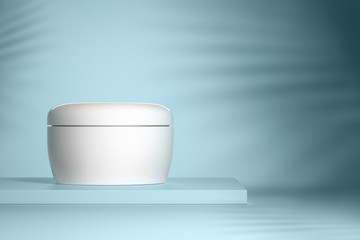 Cosmetic background for product presentation. Blue background with shadow. Minimal geometric shape. Modern design. 3D render, 3D illustration.