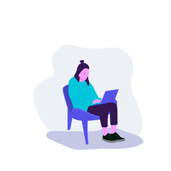  woman sitting on the chair working on the laptop. freelancer home workplace. vector flat illustration.