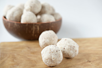 coconut energy balls with almond. healthy sugar free concept. keto diet recipe.